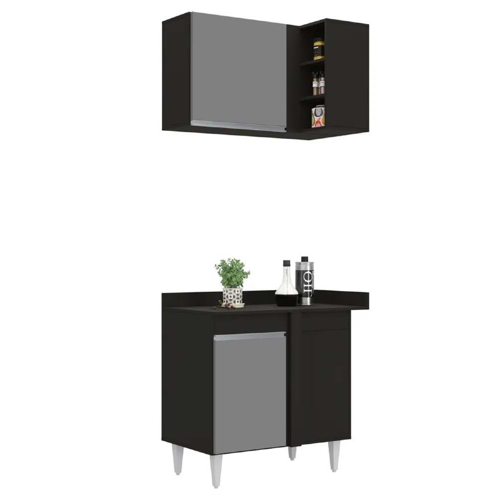 Armário de Cozinha Modulado de Canto 7 Peças CP24 com Pia Inox Preto/Cinza - Lumil