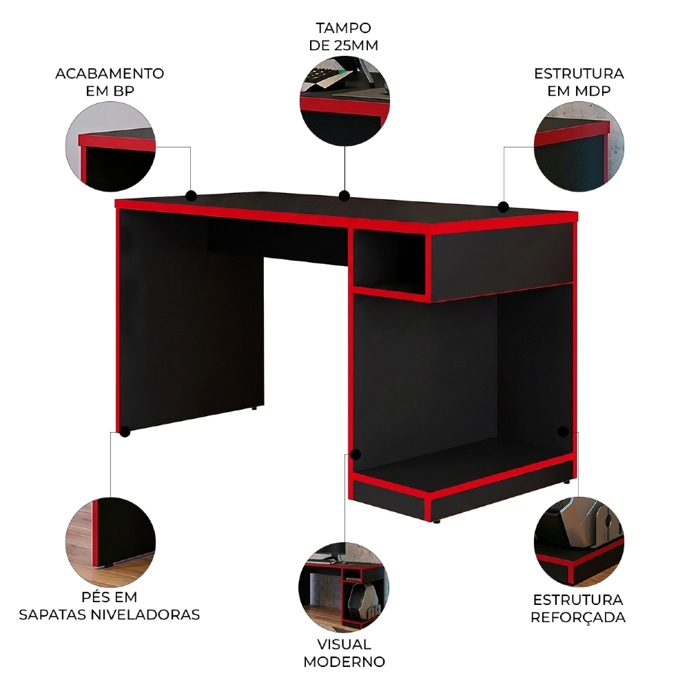 Mesa Para Computador Notebook Gamer X Preto/Vermelho - Fit Mobel