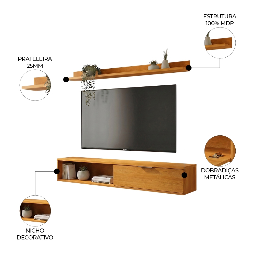 Rack TV 55 Pol. Suspenso 136cm 1 Porta Lila Cinamomo Z49  - Mpozenato
