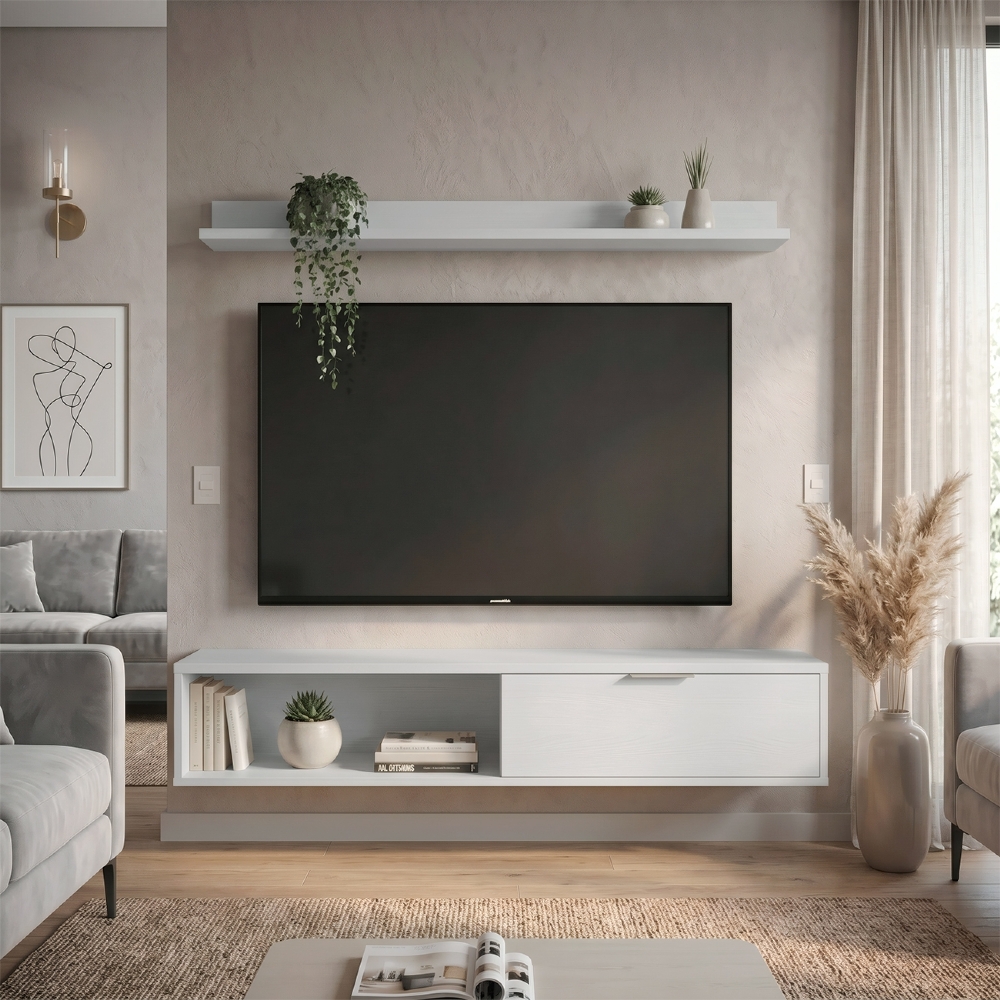 Rack TV 55 Pol. Suspenso 136cm 1 Porta Lila Off White Z49 - Mpozenato