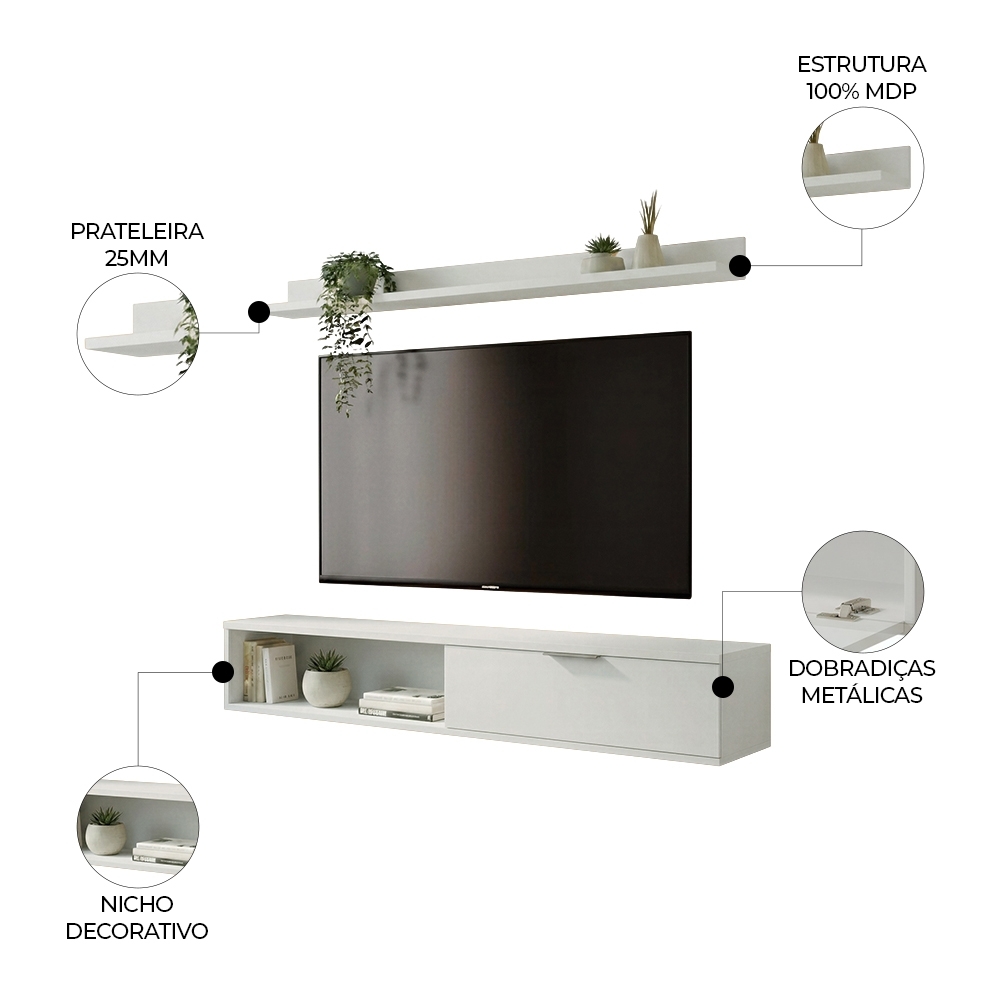 Rack TV 55 Pol. Suspenso 136cm 1 Porta Lila Off White Z49 - Mpozenato