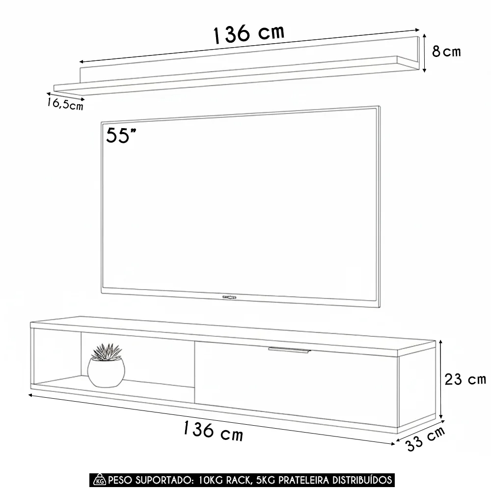 Rack TV 55 Pol. Suspenso 136cm 1 Porta Lila Off White Z49 - Mpozenato