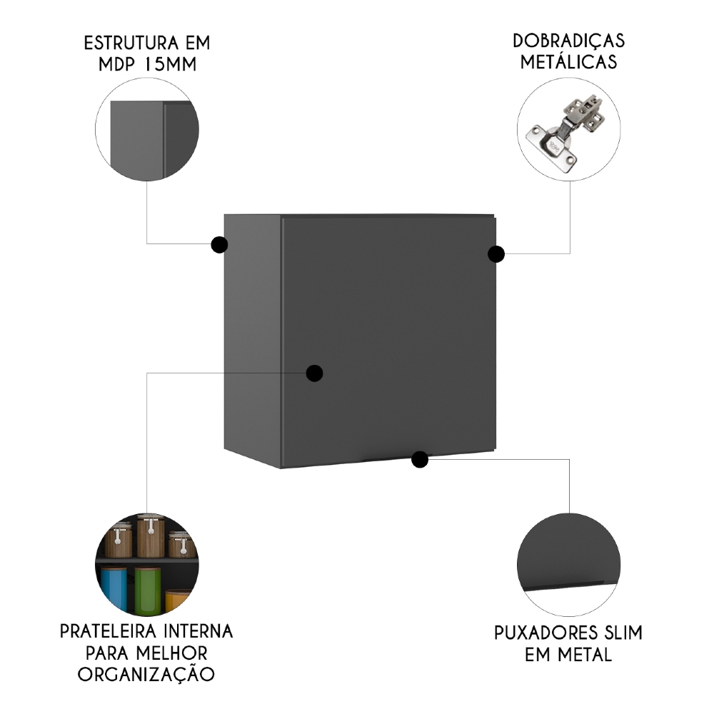 Armário de Cozinha Aéreo 58cm Grace Grafite Z44             - Mpozenato
