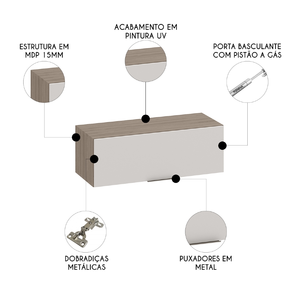 Armário de Cozinha Aéreo 80cm Grace Carvalho Oak/Off White Z44 - Mpozenato
