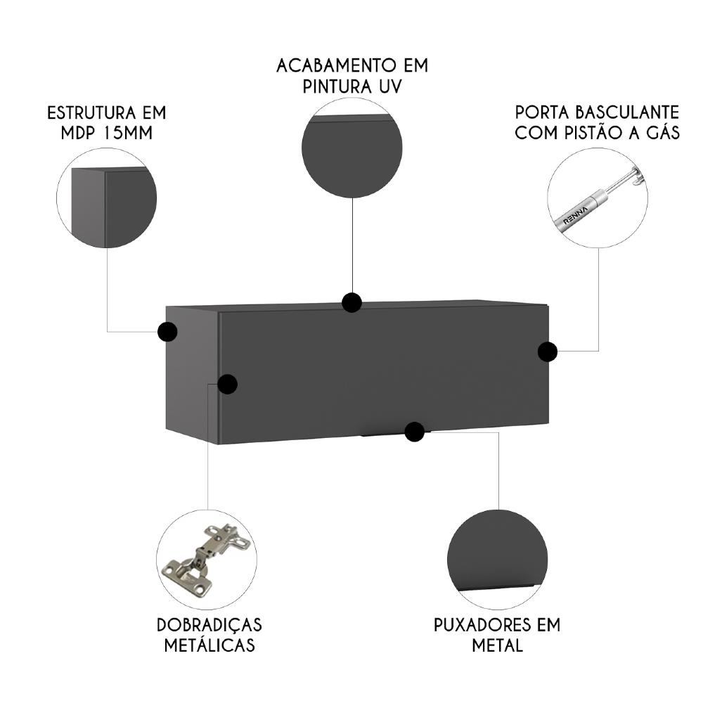 Armário de Cozinha Aéreo 80cm Grace Grafite Z44             - Mpozenato