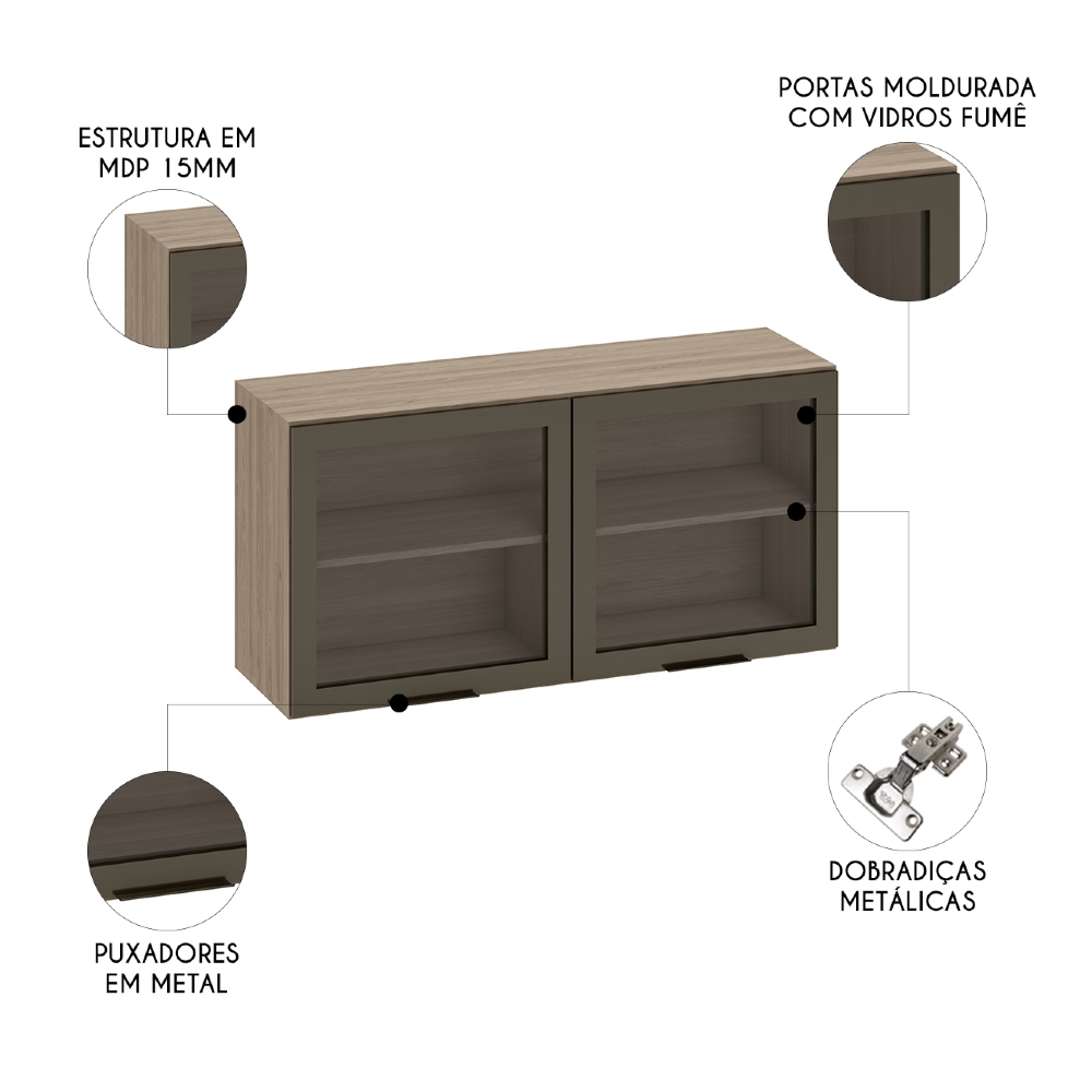 Armário Aéreo 120cm 2 Portas de Vidro Grace Carvalho Oak Z44 - Mpozenato
