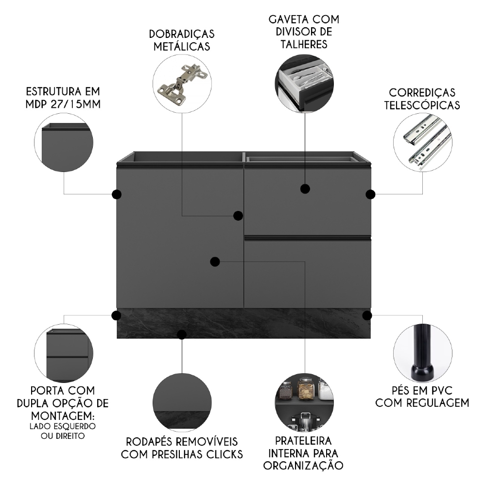 Balcão de Cozinha Para Pia 120cm Grace Grafite Z44          - Mpozenato