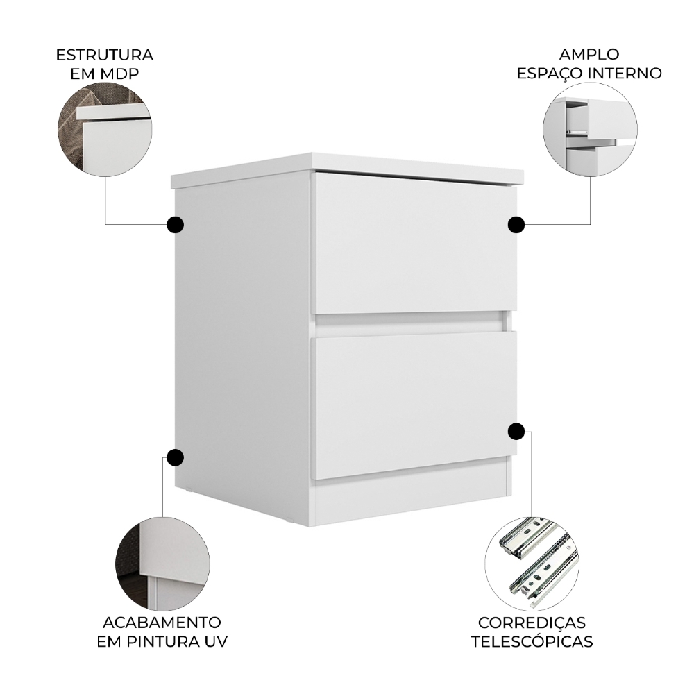 Mesa Cabeceira Quarto 47cm 2 Gavetas Zari Branco S01 - Mpozenato