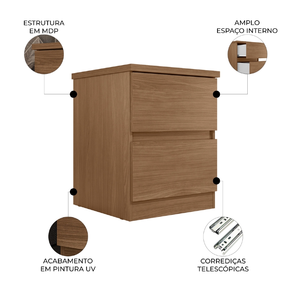 Mesa Cabeceira Quarto 47cm 2 Gavetas Zari Jatobá S01 - Mpozenato
