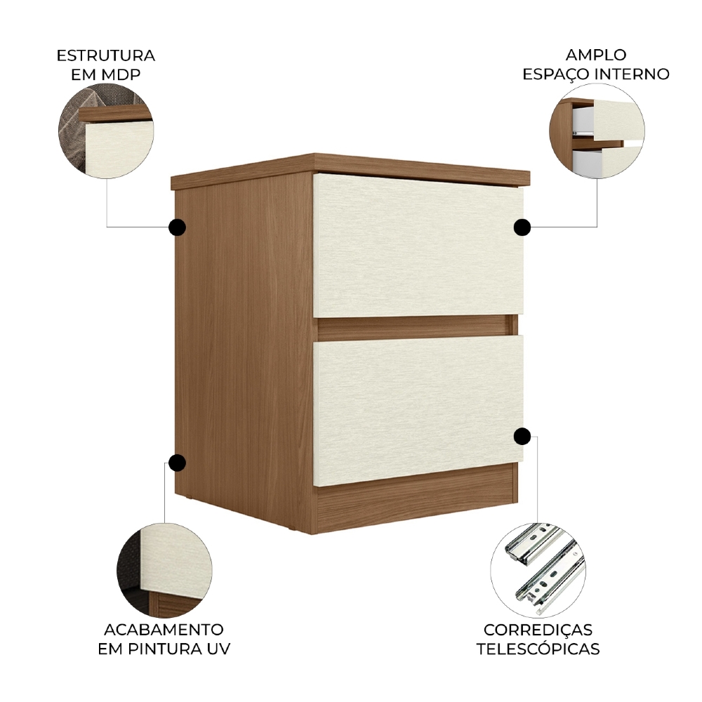 Mesa Cabeceira Quarto 47cm 2 Gavetas Zari Jatobá/Areia S01 - Mpozenato