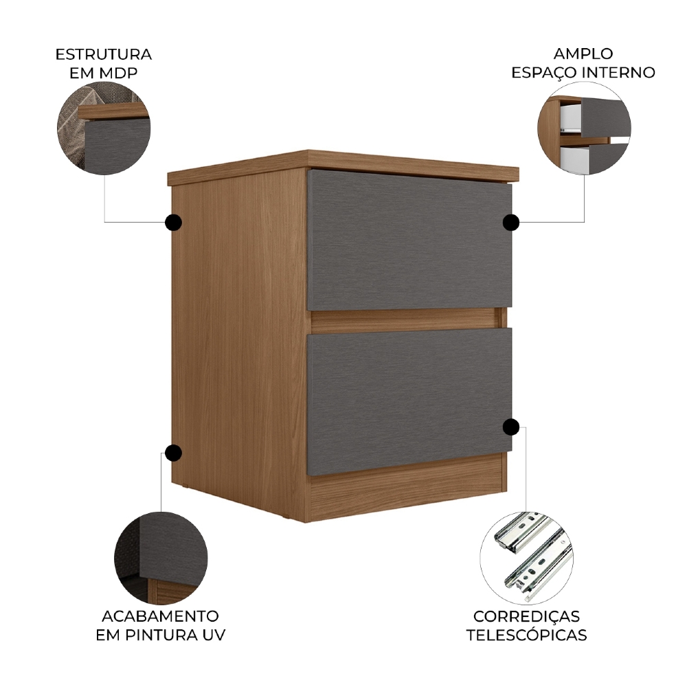 Mesa Cabeceira Quarto 47cm 2 Gavetas Zari Jatobá/Grafite S01 - Mpozenato