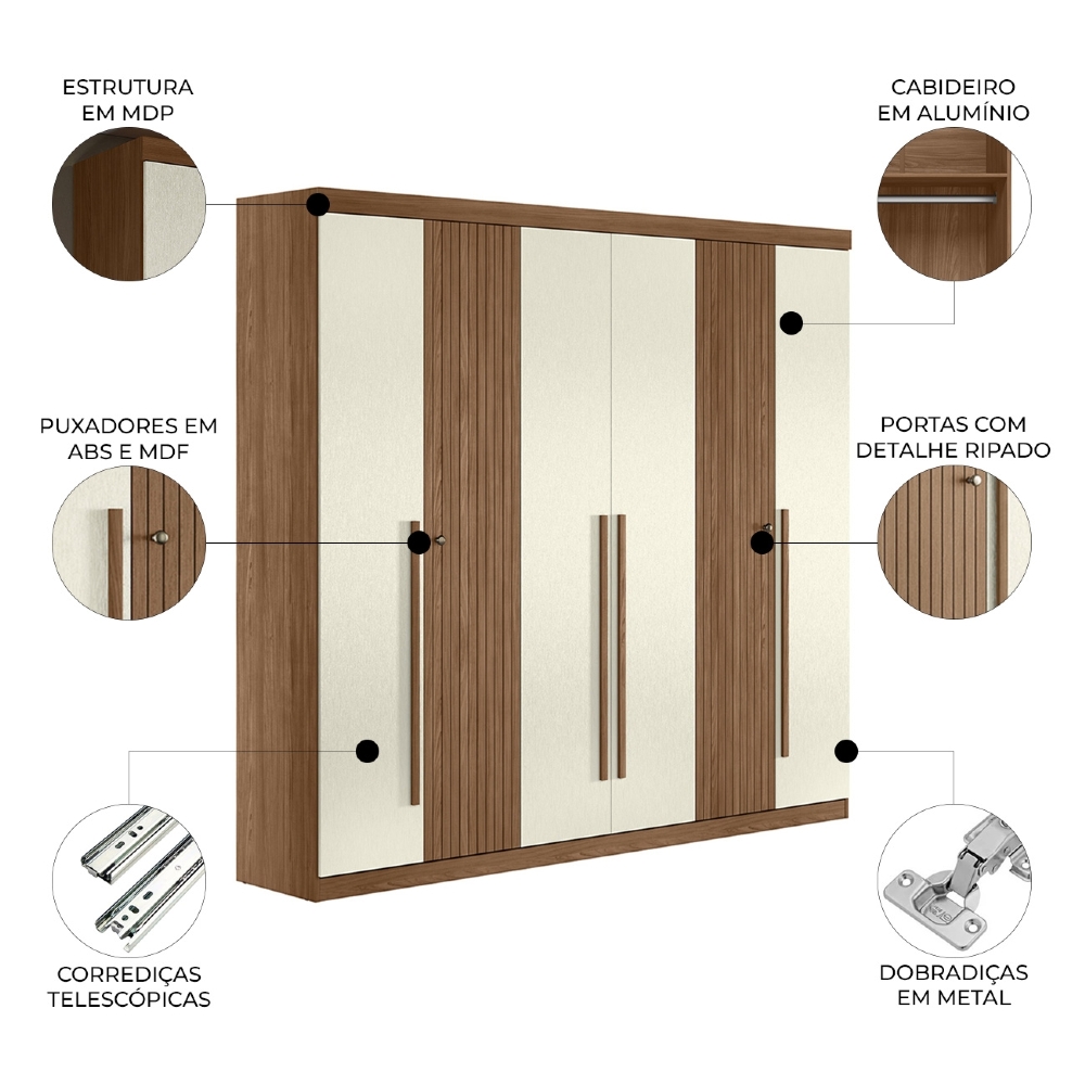 Guarda Roupa Casal 232cm 6 Portas 4 Gavetas Zain Jatobá/Areia S01 - Mpozenato