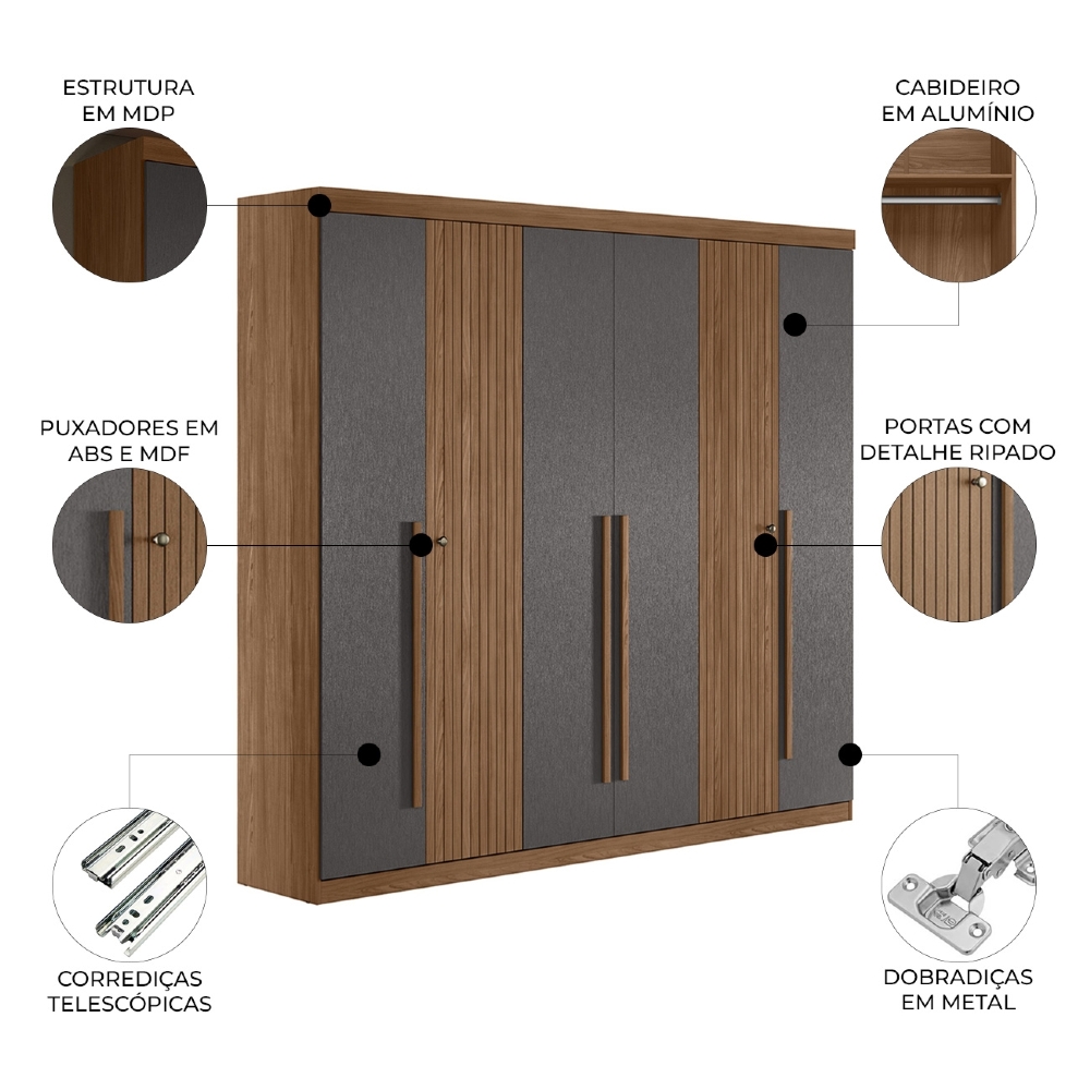 Guarda Roupa Casal 232cm 6 Portas 4 Gavetas Zain Jatobá/Grafite S01 - Mpozenato