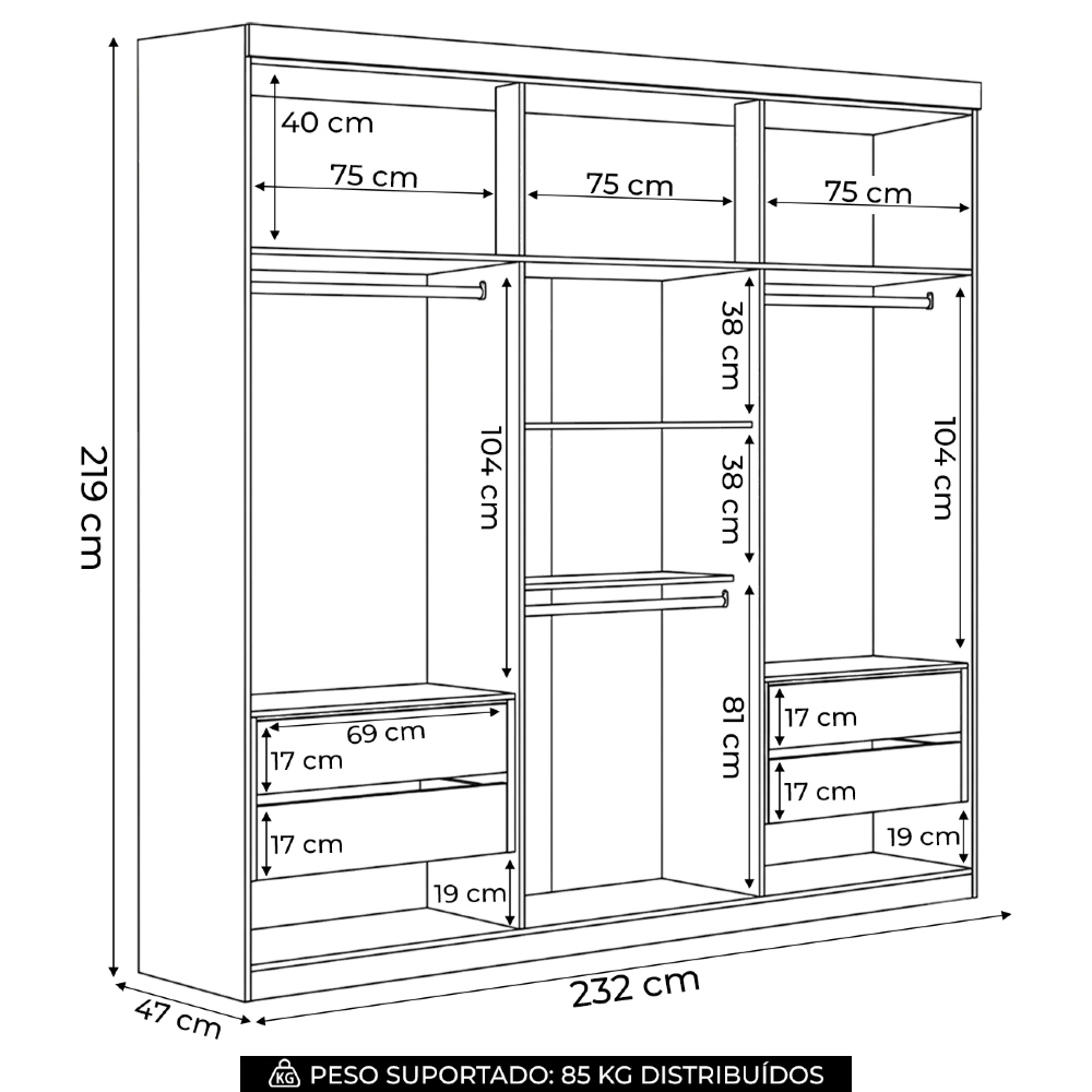 Guarda Roupa Casal 232cm 6 Portas 4 Gavetas Zain Jatobá/Grafite S01 - Mpozenato