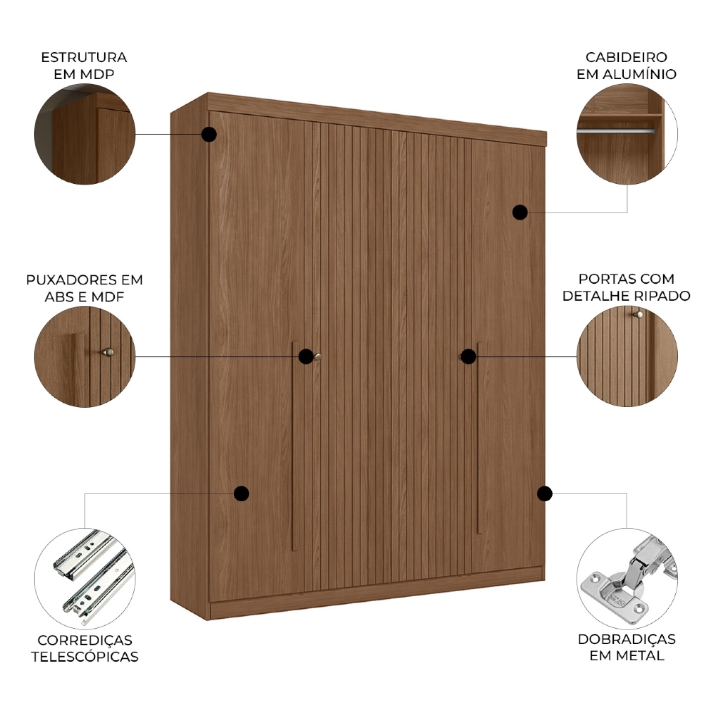 Guarda Roupa Solteiro 155cm 4 Portas 2 Gavetas Zain Jatobá S01 - Mpozenato