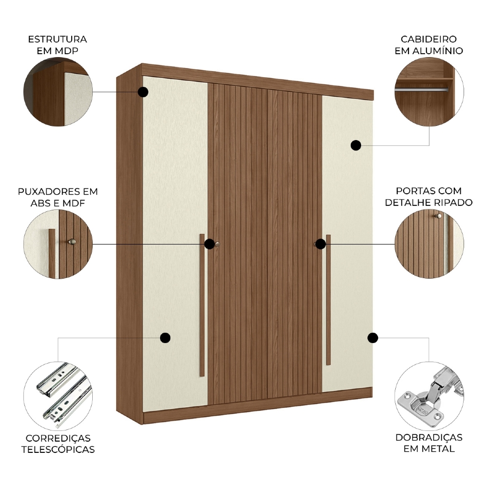 Guarda Roupa Solteiro 155cm 4 Portas 2 Gavetas Zain Jatobá/Areia S01 - Mpozenato