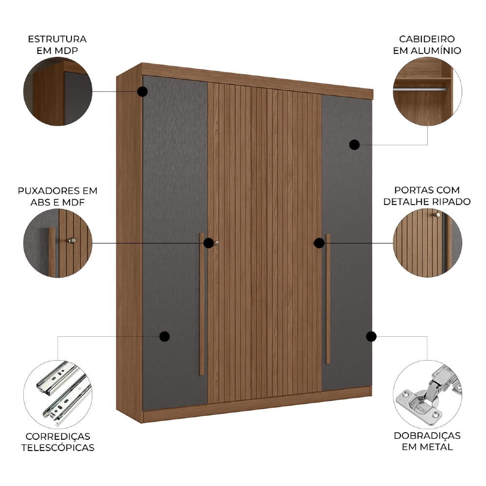Guarda Roupa Solteiro 155cm 4 Portas 2 Gavetas Zain Jatobá/Grafite S01 - Mpozenato