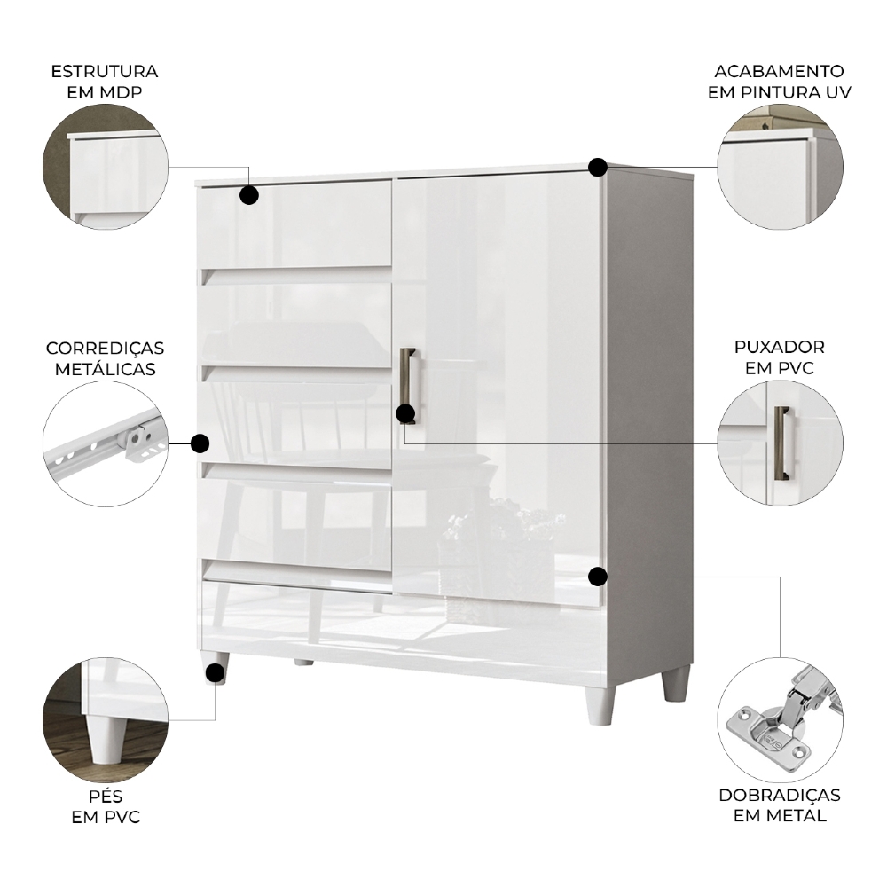 Cômoda Quarto 90cm 8 Gavetas 1 Porta Thales Branco S01 - Mpozenato