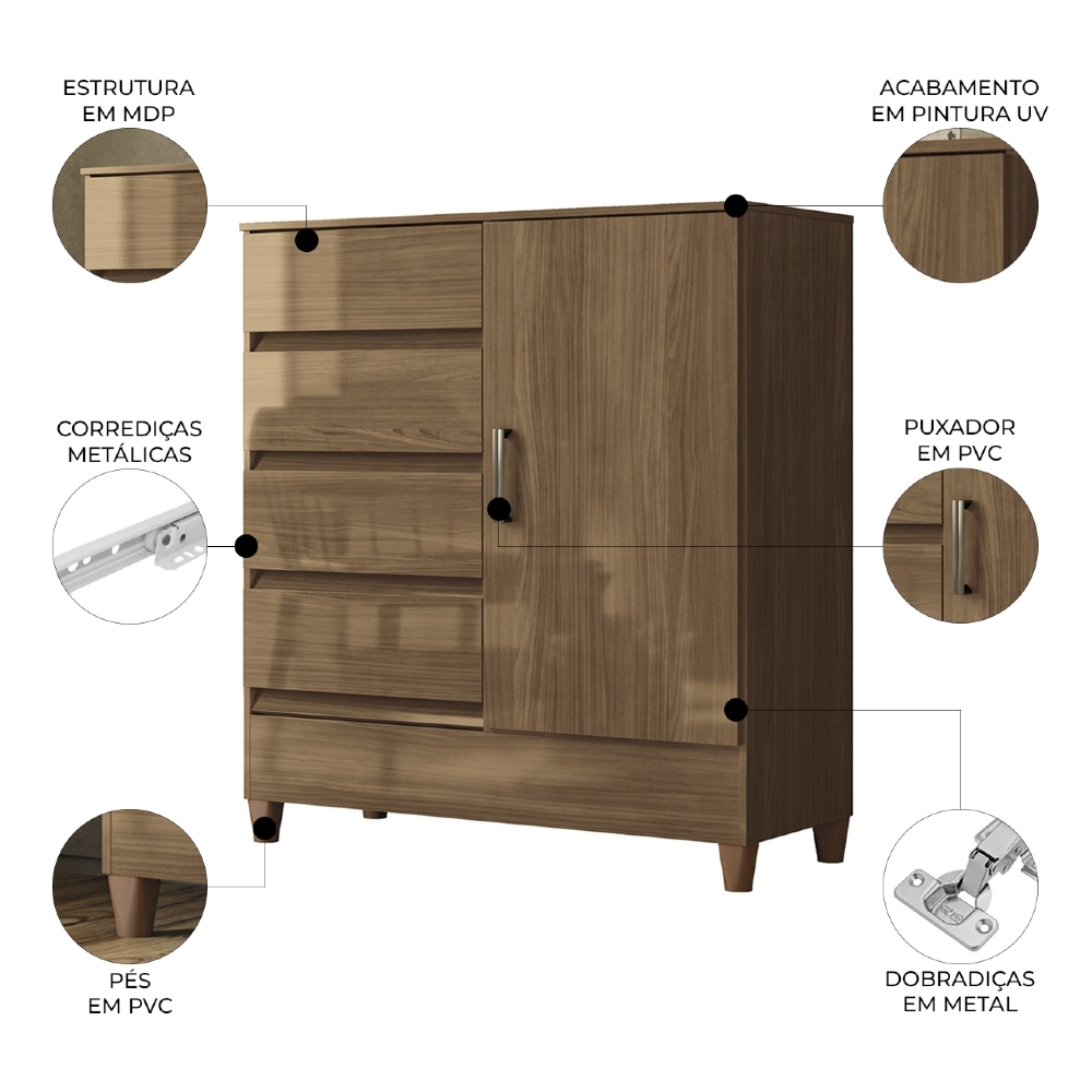 Cômoda Quarto 90cm 8 Gavetas 1 Porta Thales Jequitibá S01 - Mpozenato