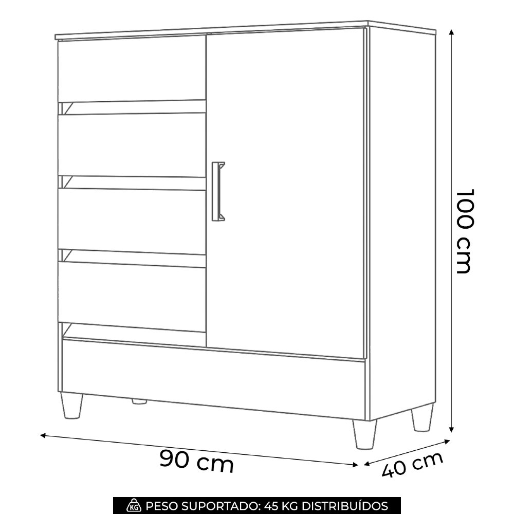Cômoda Quarto 90cm 8 Gavetas 1 Porta Thales Jequitibá S01 - Mpozenato