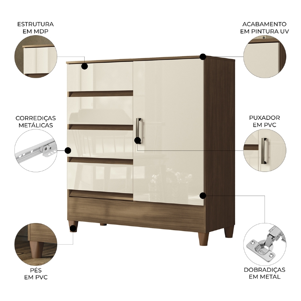 Cômoda Quarto 90cm 8 Gavetas 1 Porta Thales Jequitibá/Off S01 - Mpozenato