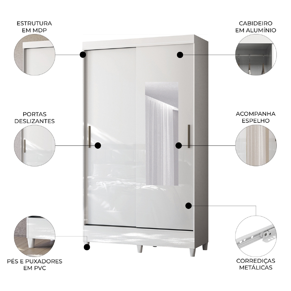 Guarda Roupa Solteiro 107cm 2 Portas Com Espelho Thales Branco S01 - Mpozenato