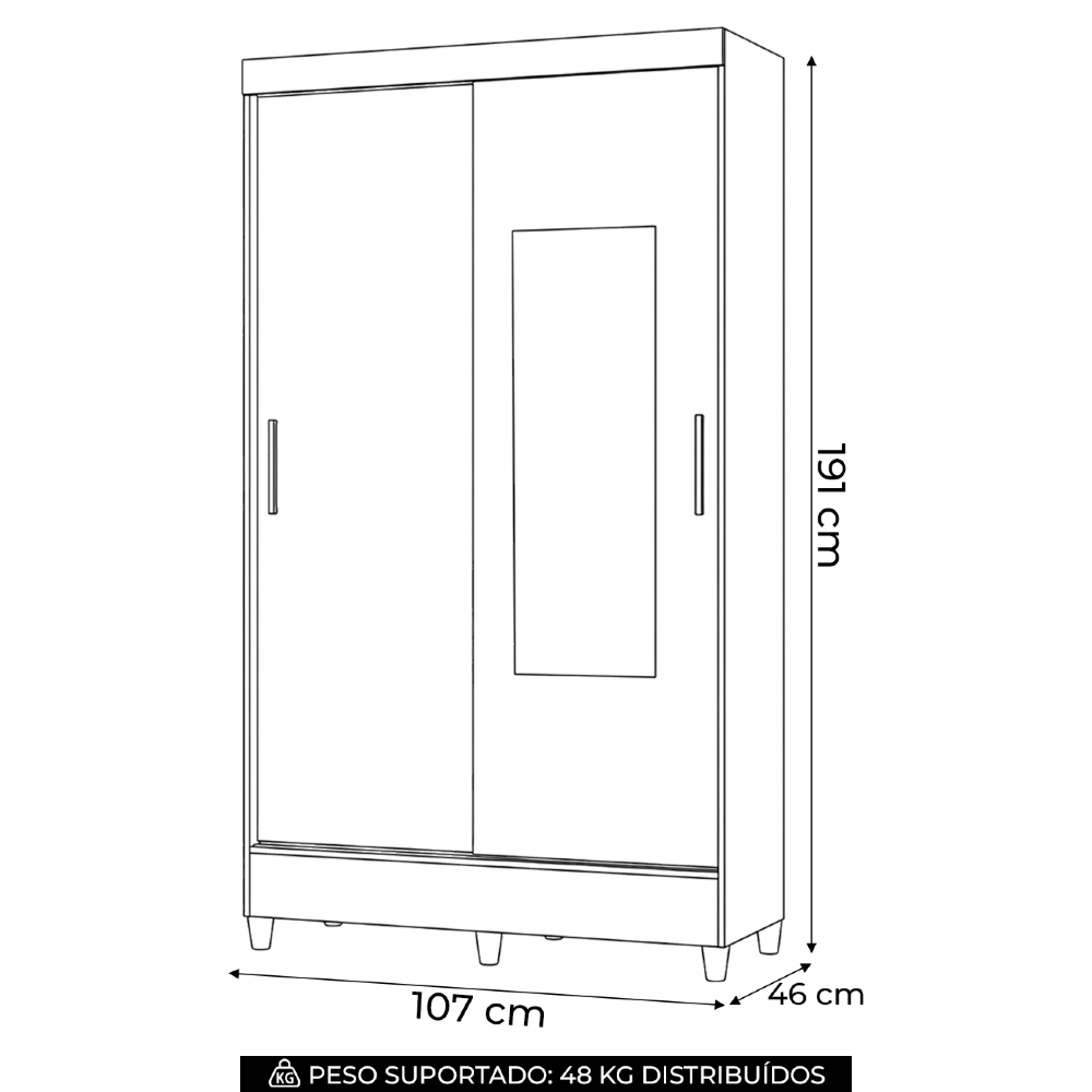 Guarda Roupa Solteiro 107cm 2 Portas Com Espelho Thales Branco S01 - Mpozenato
