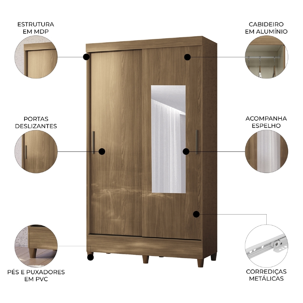 Guarda Roupa Solteiro 107cm 2 Portas Com Espelho Thales Jequitibá S01 - Mpozenato