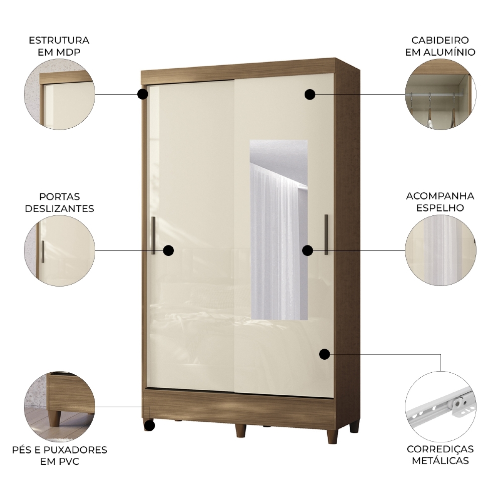 Guarda Roupa Solteiro 107cm 2 Portas Com Espelho Thales Jequitibá/Off S01 - Mpozenato