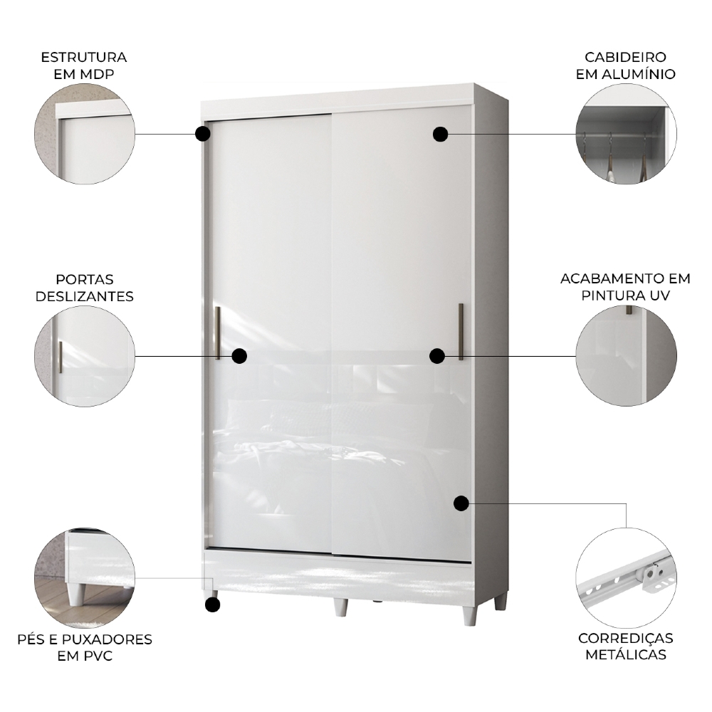  Guarda Roupa Solteiro 107cm 2 Portas Deslizante Thales Branco S01 - Mpozenato