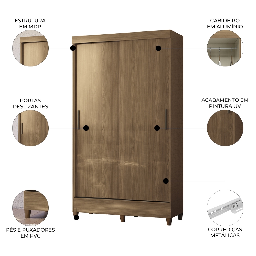  Guarda Roupa Solteiro 107cm 2 Portas Deslizante Thales Jequitibá S01 - Mpozenato