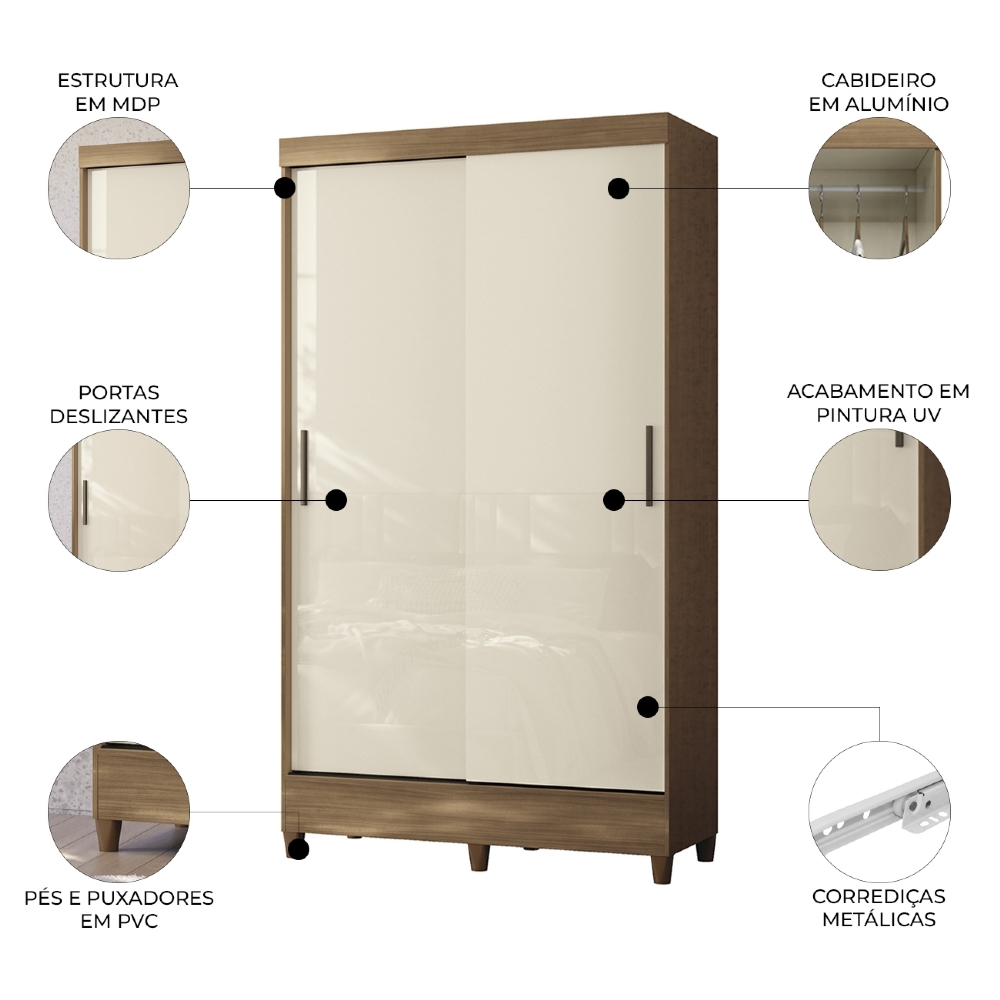 Guarda Roupa Solteiro 107cm 2 Portas Deslizante Thales Jequitibá/Off S01 - Mpozenato