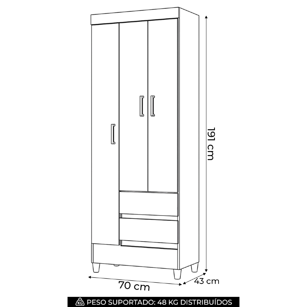 Guarda Roupa Solteiro 70cm 3 Portas 2 Gavetas Thales Branco S01 - Mpozenato