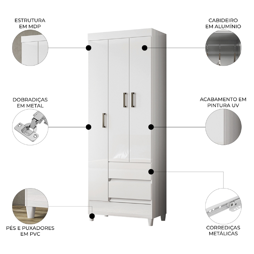 Guarda Roupa Solteiro 70cm 3 Portas 2 Gavetas Thales Branco S01 - Mpozenato