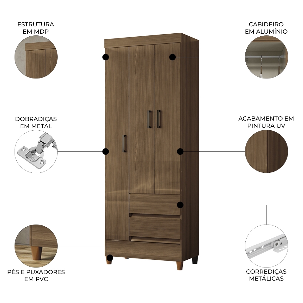 Guarda Roupa Solteiro 70cm 3 Portas 2 Gavetas Thales Jequitibá S01 - Mpozenato