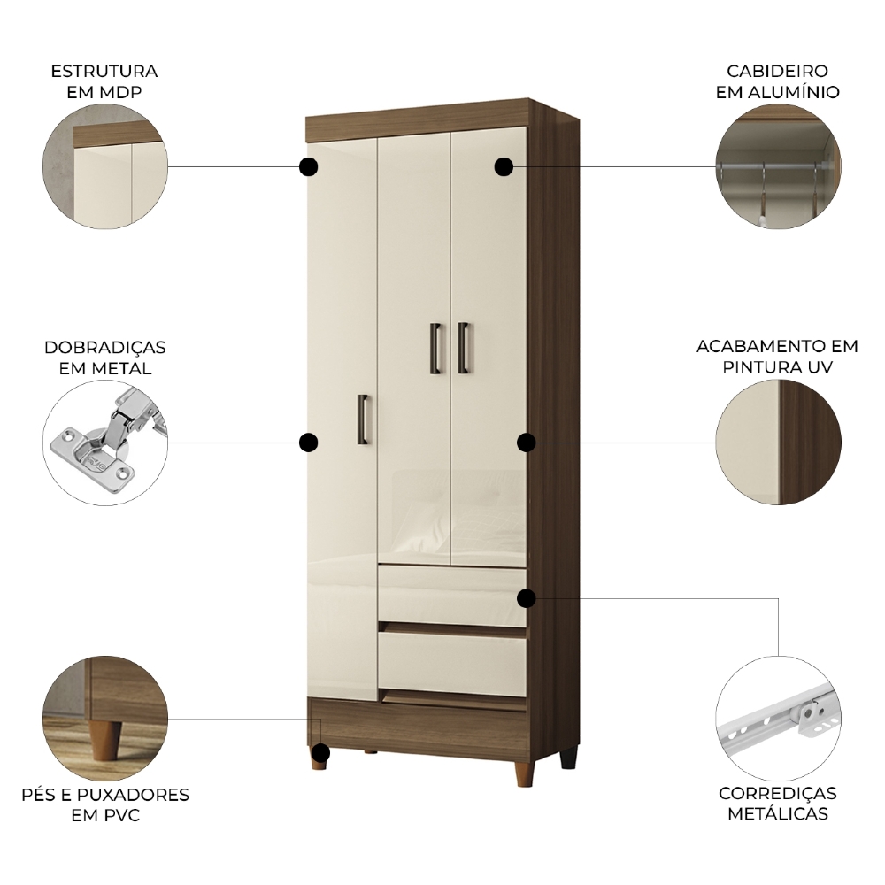 Guarda Roupa Solteiro 70cm 3 Portas 2 Gavetas Thales Jequitibá/Off  S01 - Mpozenato