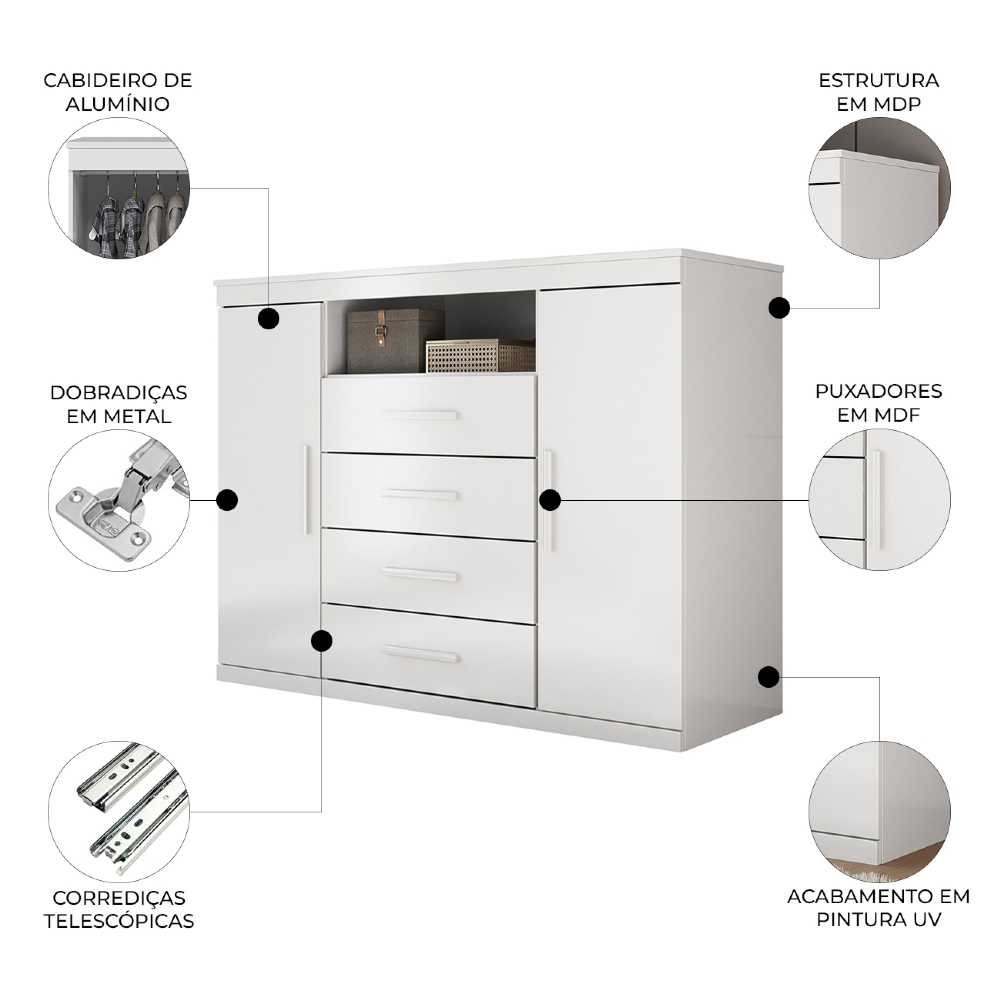Cômoda Quarto 129cm 4 Gavetas 2 Portas Savana Branco S01 - Mpozenato
