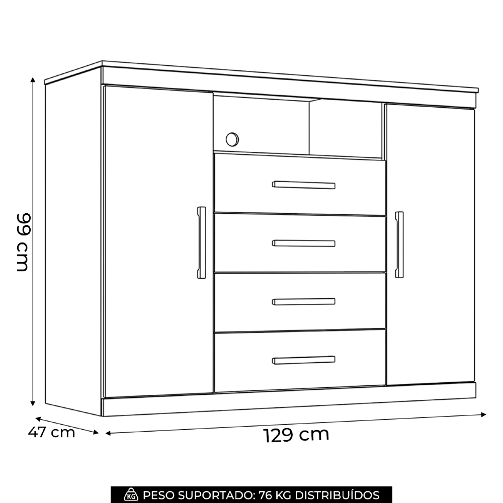 Cômoda Quarto 129cm 4 Gavetas 2 Portas Savana Branco S01 - Mpozenato