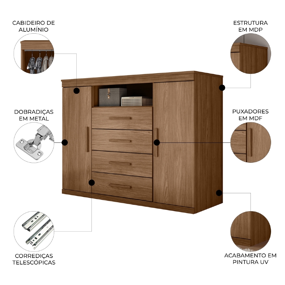 Cômoda Quarto 129cm 4 Gavetas 2 Portas Savana Jatobá S01 - Mpozenato