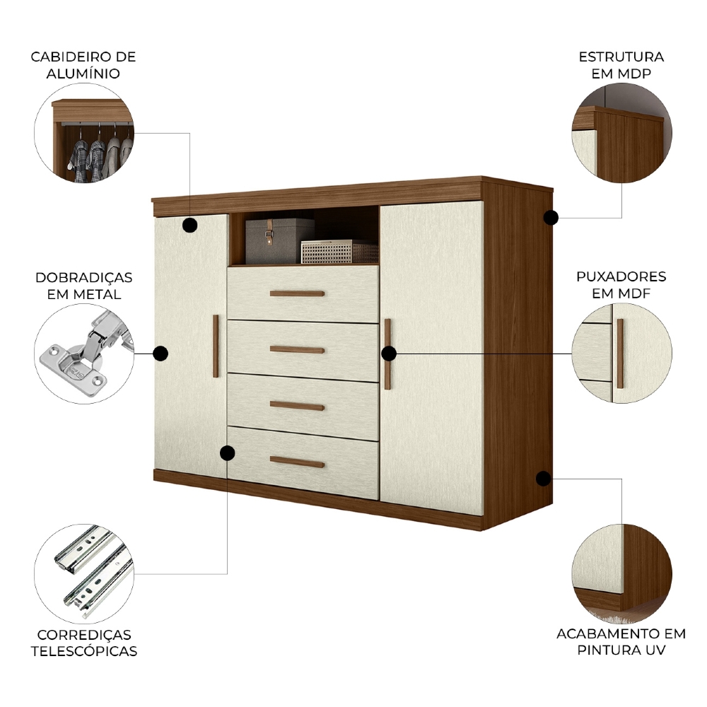 Cômoda Quarto 129cm 4 Gavetas 2 Portas Savana Jatobá/Areia S01 - Mpozenato