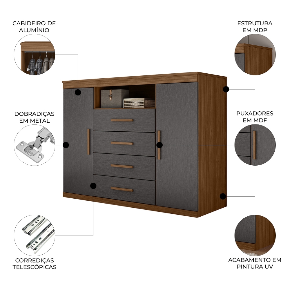 Cômoda Quarto 129cm 4 Gavetas 2 Portas Savana Jatobá/Grafite S01 - Mpozenato