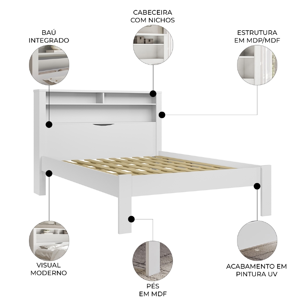 Cama Casal 140cm Com Nichos Zuri Branco S01 - Mpozenato