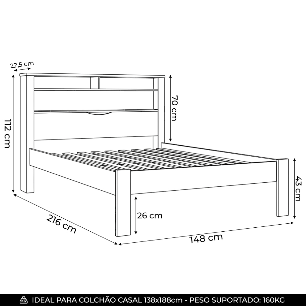 Cama Casal 140cm Com Nichos Zuri Branco S01 - Mpozenato