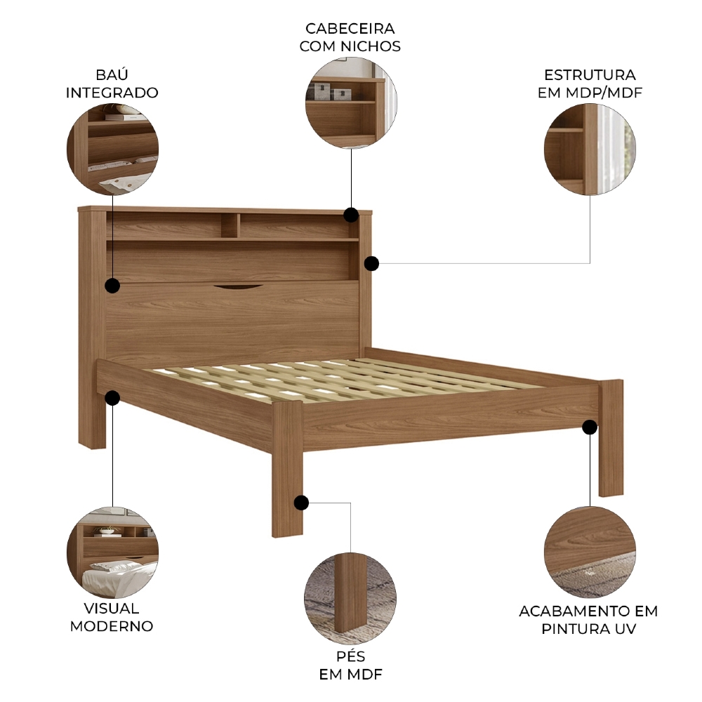 Cama Casal 140cm Com Nichos Zuri Jatobá S01 - Mpozenato