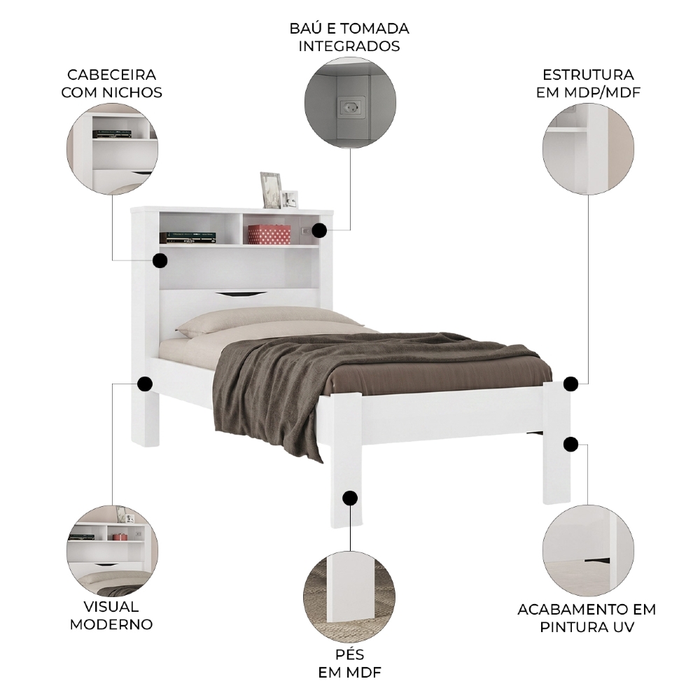 Cama Solteiro Para Colchão 188x88cm Com Nichos Zuri Branco S01 - Mpozenato