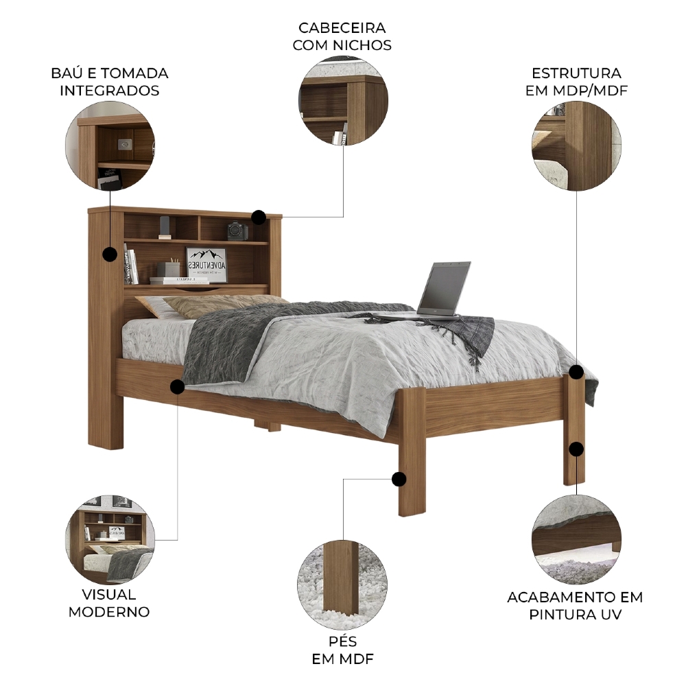 Cama Solteiro Para Colchão 188x88cm Com Nichos Zuri Jatobá S01 - Mpozenato