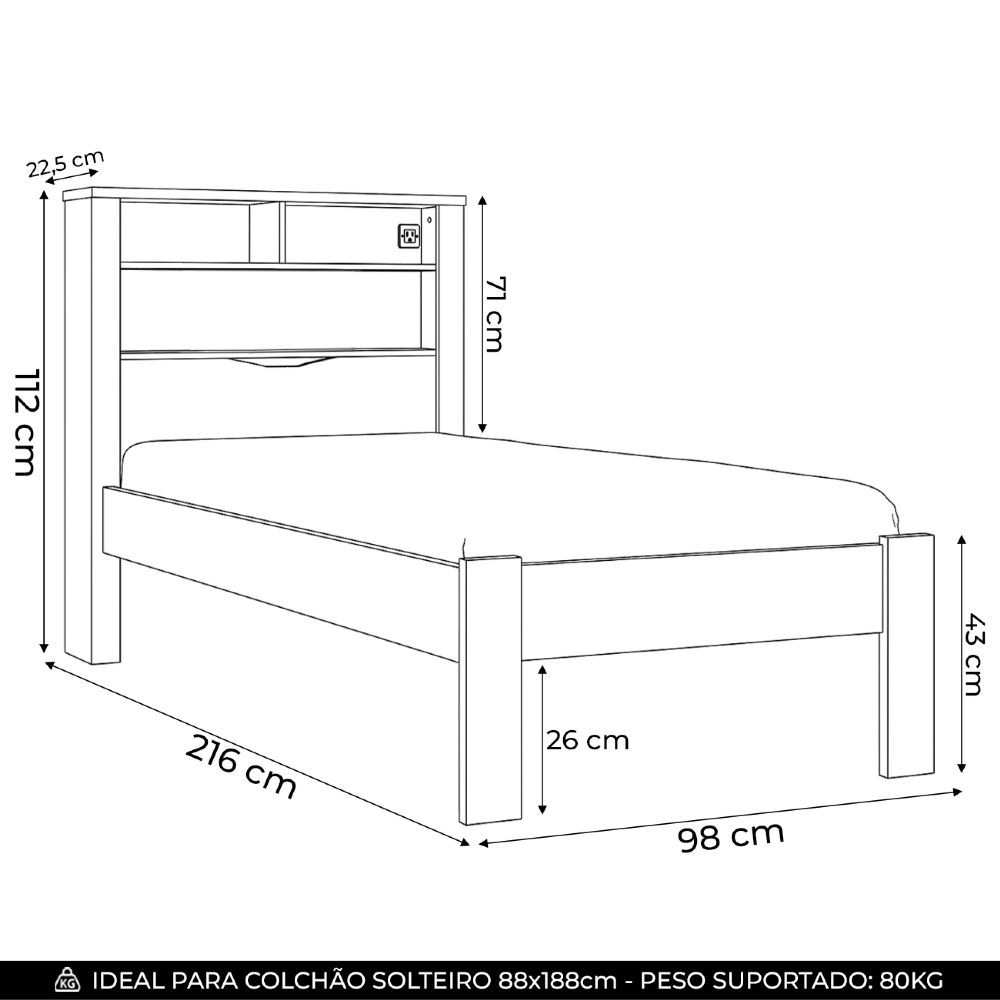 Cama Solteiro Para Colchão 188x88cm Com Nichos Zuri Jatobá S01 - Mpozenato