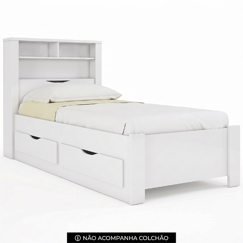 Cama Solteiro Para Colchão 188x88cm Com 2 Gavetas e Nichos Zuri Branco S01 - Mpozenato