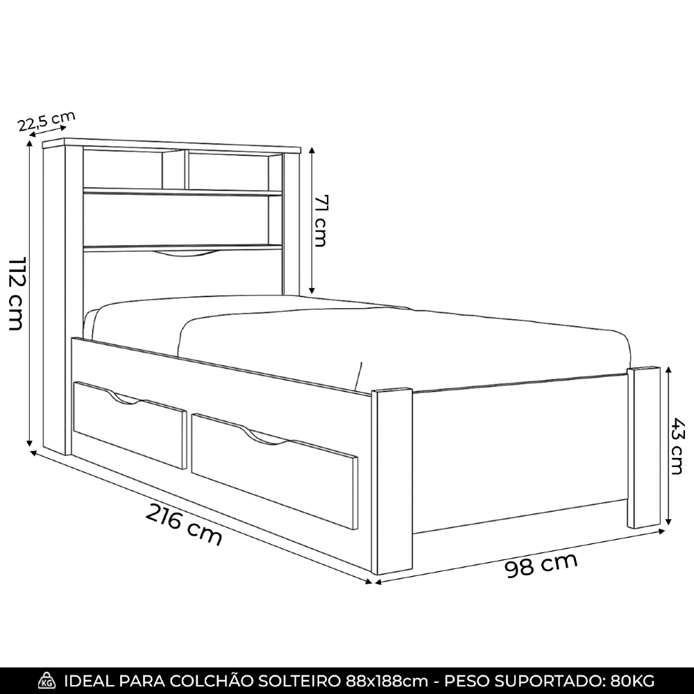 Cama Solteiro Para Colchão 188x88cm Com 2 Gavetas e Nichos Zuri Branco S01 - Mpozenato