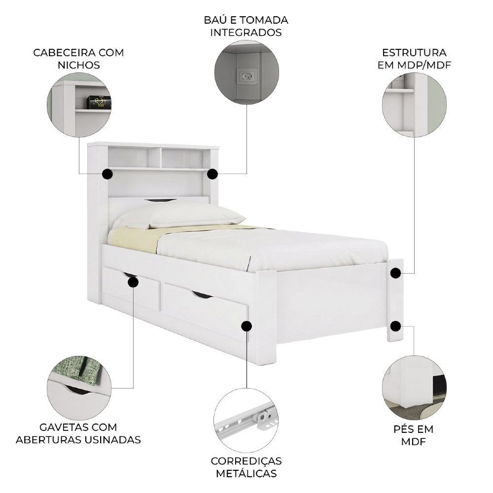 Cama Solteiro Para Colchão 188x88cm Com 2 Gavetas e Nichos Zuri Branco S01 - Mpozenato